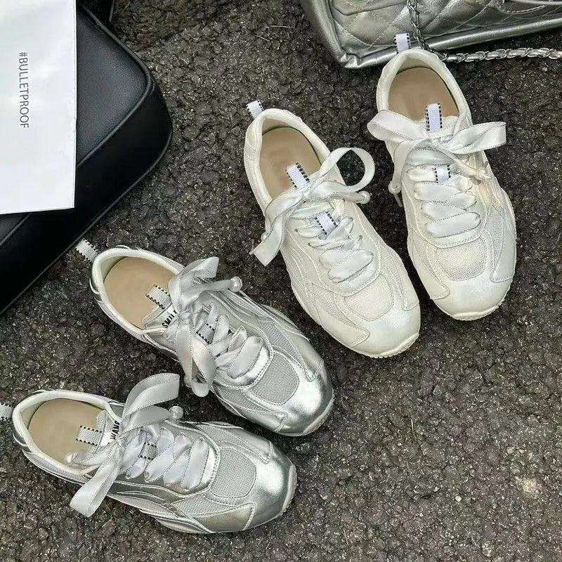 Silver Air Mesh Satin Jogging New Casual Round Platform Training Skateboard