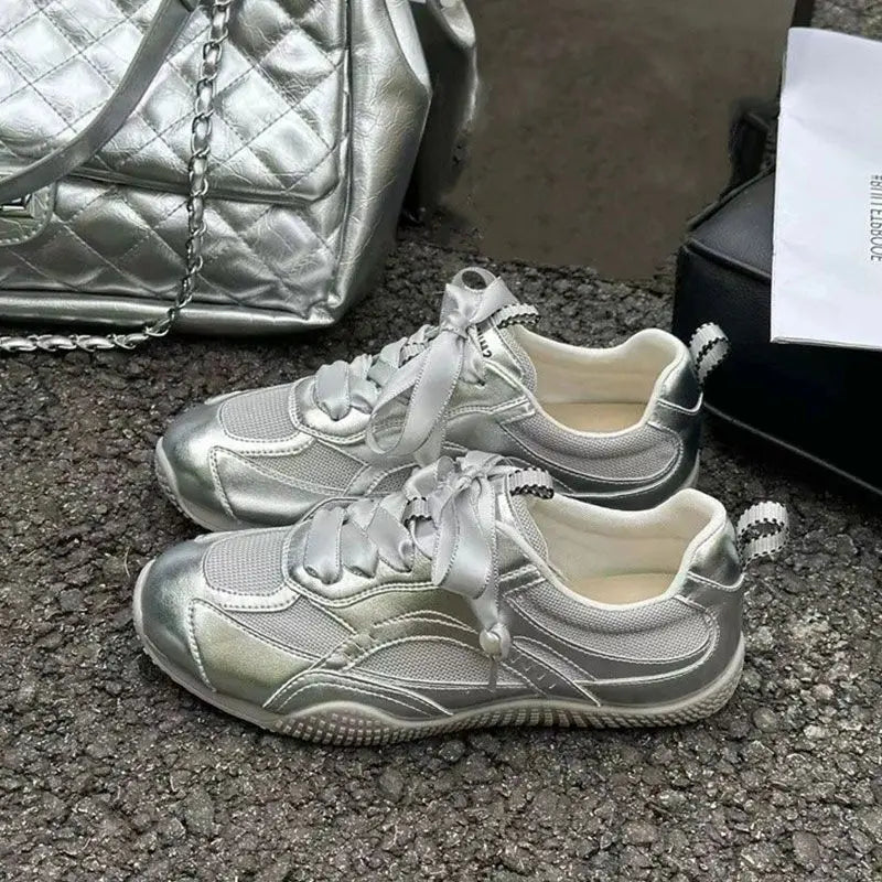 Silver Air Mesh Satin Jogging New Casual Round Platform Training Skateboard