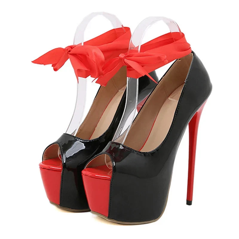 Vibrant Spring Autumn Red Ankle Strap Platform Runway High Heel