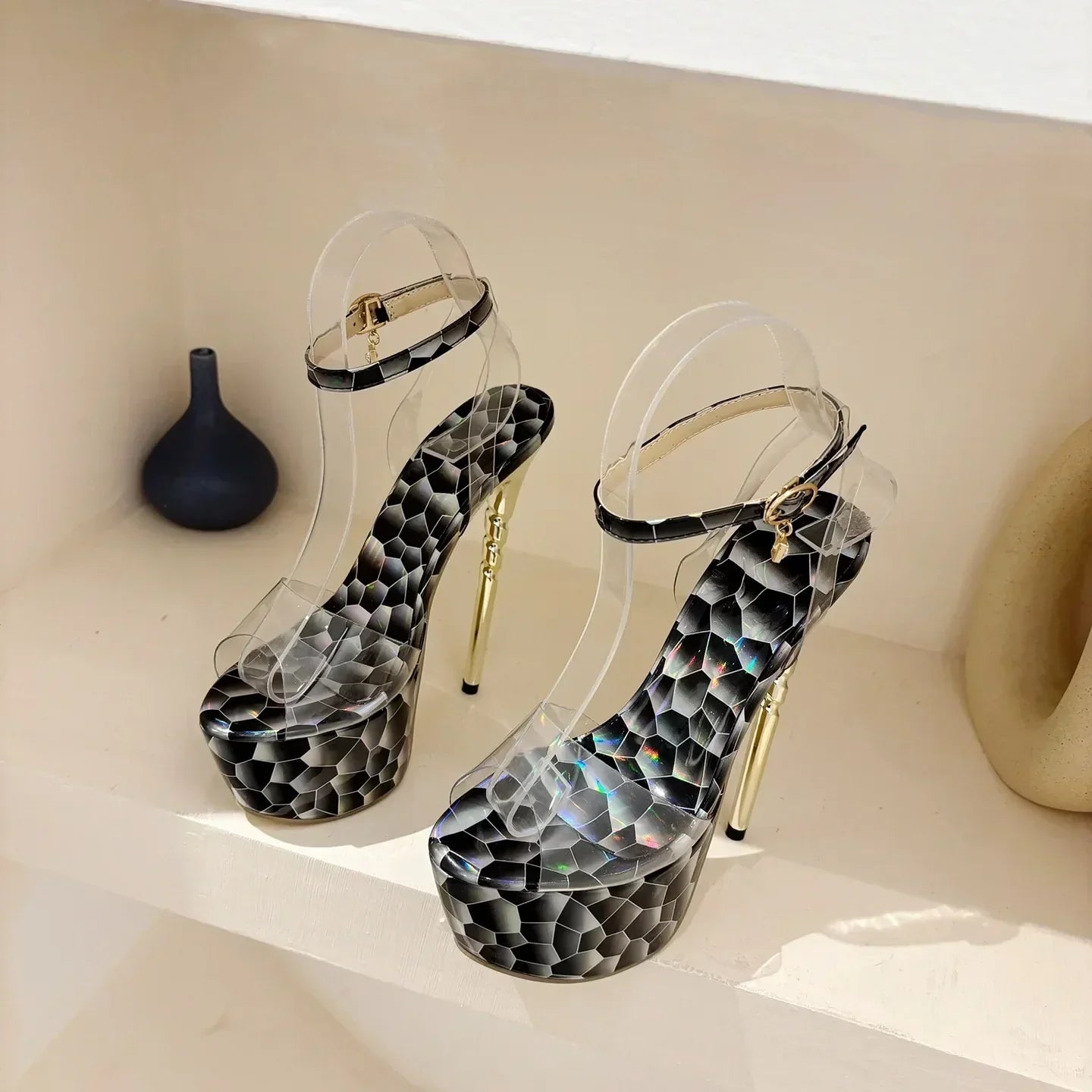Platform Sandals Peep Toe Transparent PVC Metal Thin High Heel High Heel