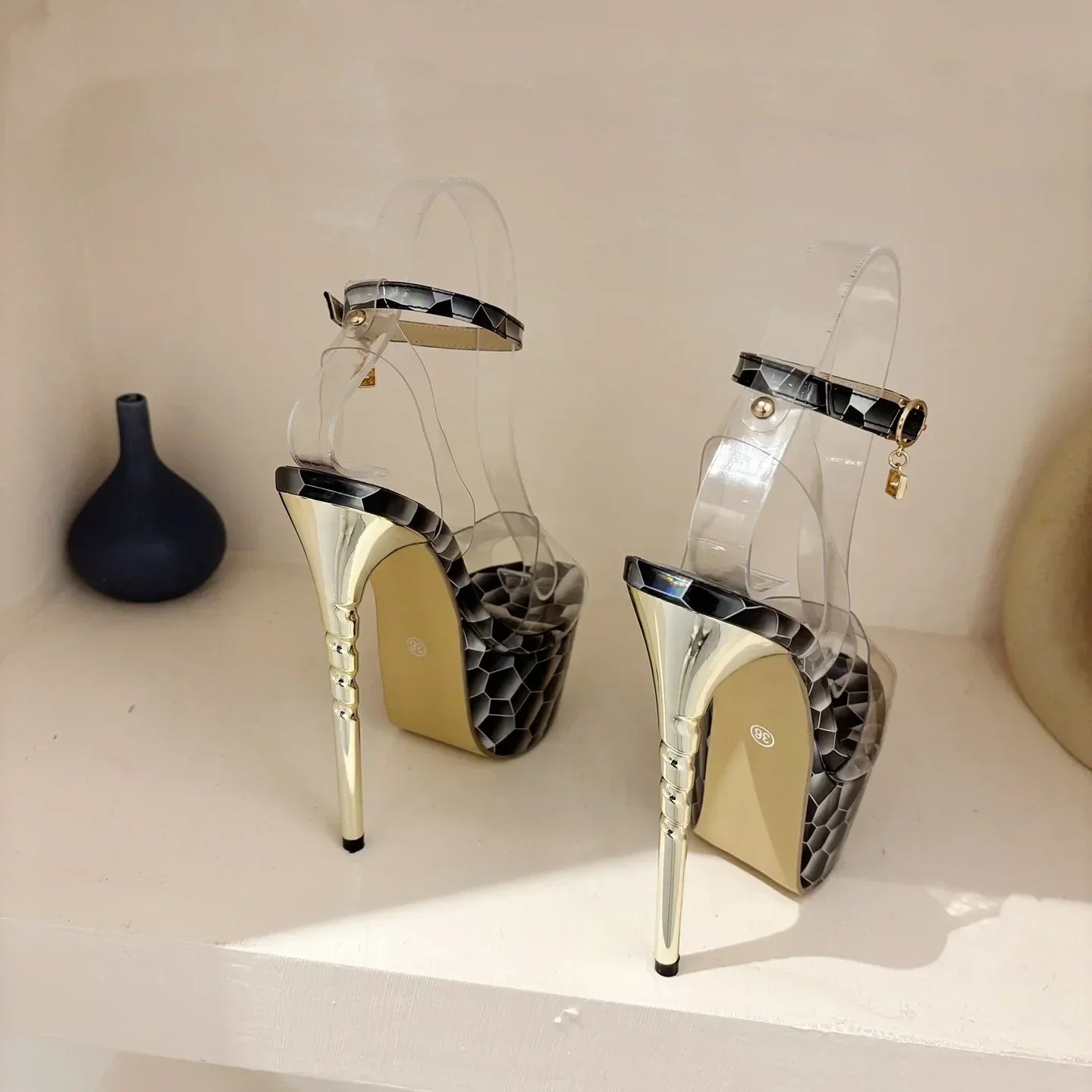 Platform Sandals Peep Toe Transparent PVC Metal Thin High Heel High Heel