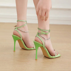 Sassy High Heel Square Toe Crystal Chain Ankle Buckle High Heel