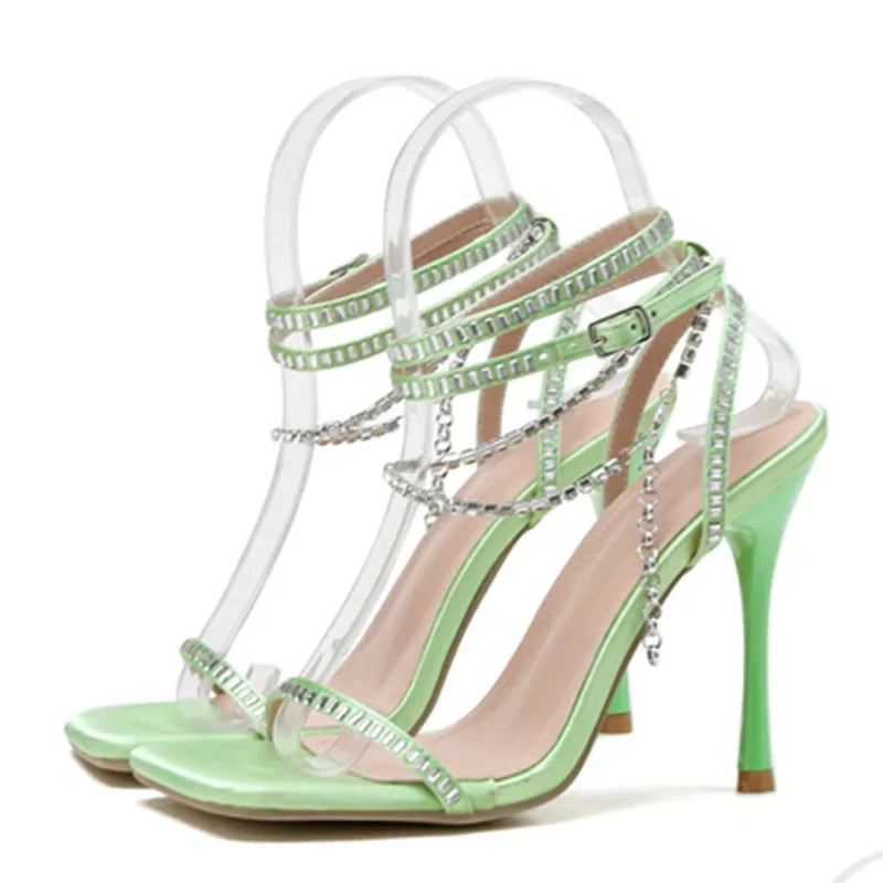 Sassy High Heel Square Toe Crystal Chain Ankle Buckle High Heel