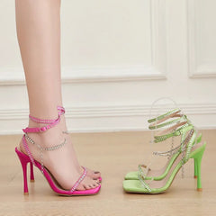 Sassy High Heel Square Toe Crystal Chain Ankle Buckle High Heel