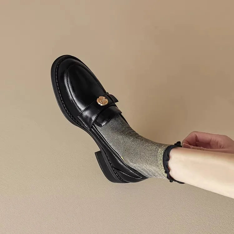 Retro British Style Slip On Leather Thick Heels Trend Platform Loafers