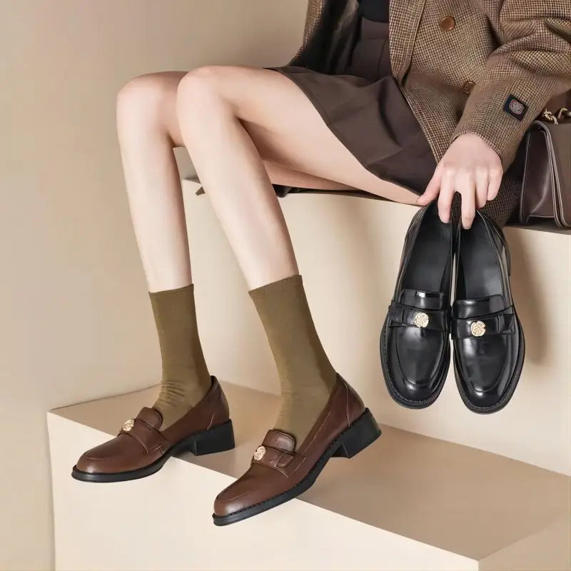 Retro British Style Slip On Leather Thick Heels Trend Platform Loafers