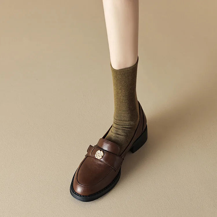 Retro British Style Slip On Leather Thick Heels Trend Platform Loafers