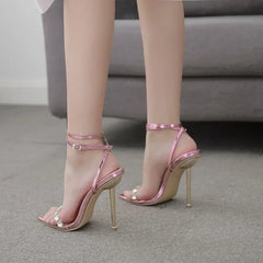 Temperamental pointed toe narrow band rhinestone buckle strap metal party High Heel
