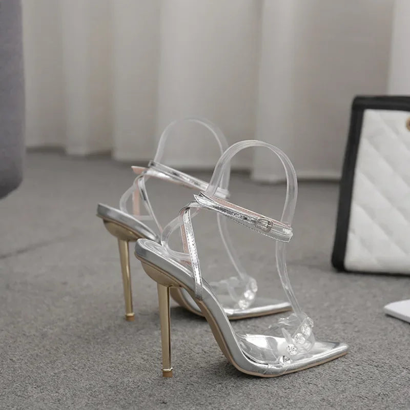 Temperamental pointed toe narrow band rhinestone buckle strap metal party High Heel