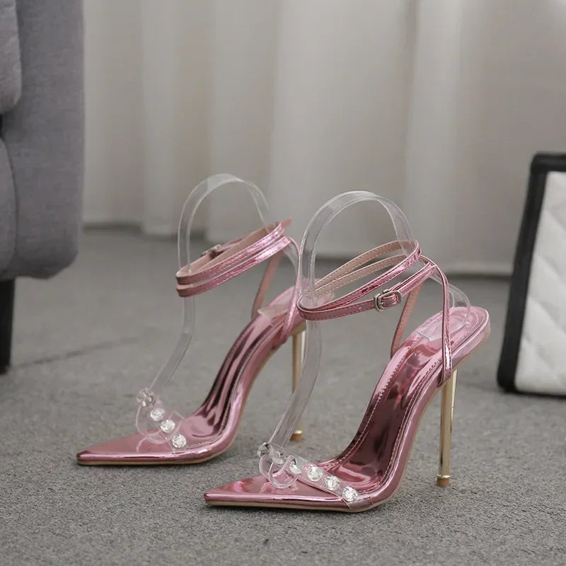 Temperamental pointed toe narrow band rhinestone buckle strap metal party High Heel