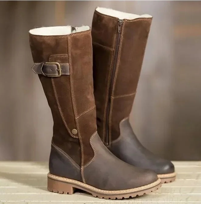 Warm Snow Leather Flats Plus Size Fur Knee High Boots