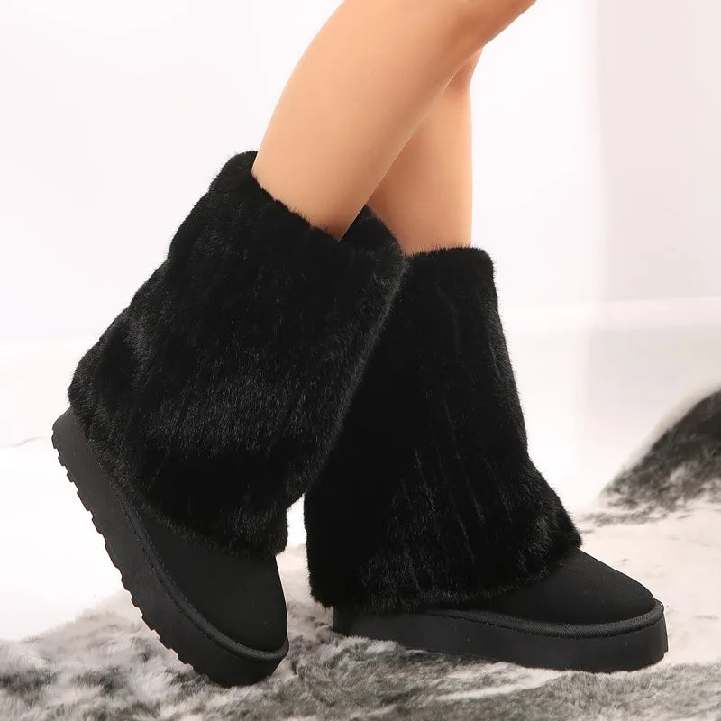 Women's Plush Boots Faux Fur Warm and Comfortable Thick Soled Knee-High Boots Furry Cute Outdoor Snow Boots