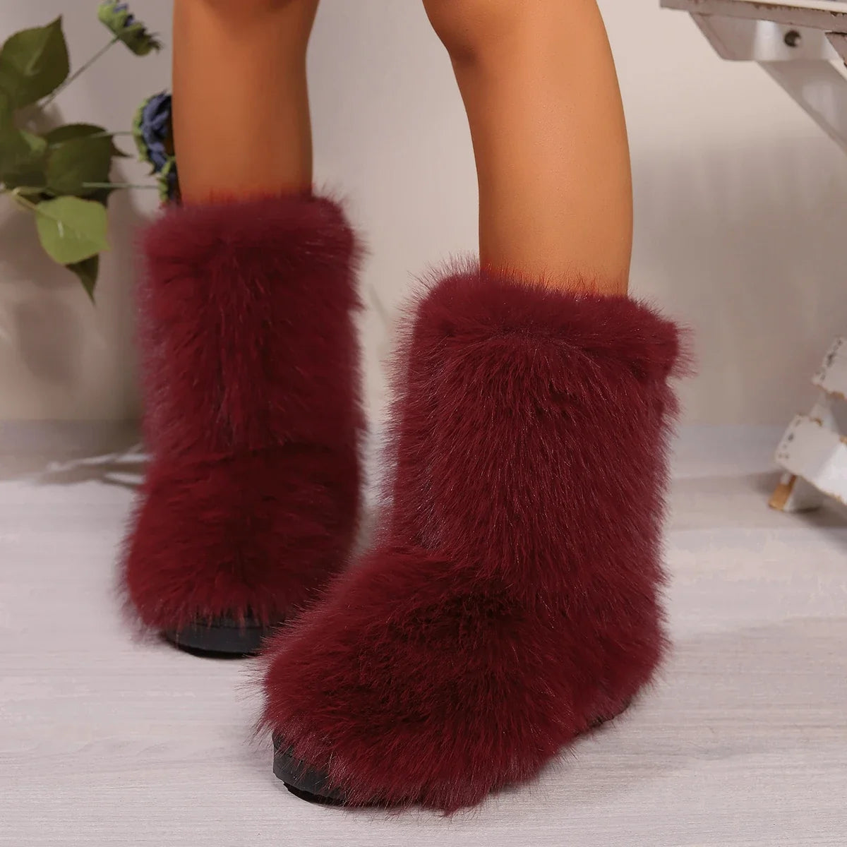 Fuzzy Fluffy Fur Plush Lining Slip-on Rubber Flat Outdoor Bowtie Warm Snow Boot