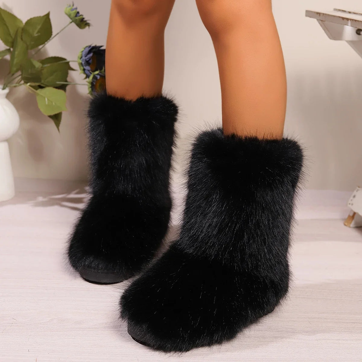 Fuzzy Fluffy Fur Plush Lining Slip-on Rubber Flat Outdoor Bowtie Warm Snow Boot