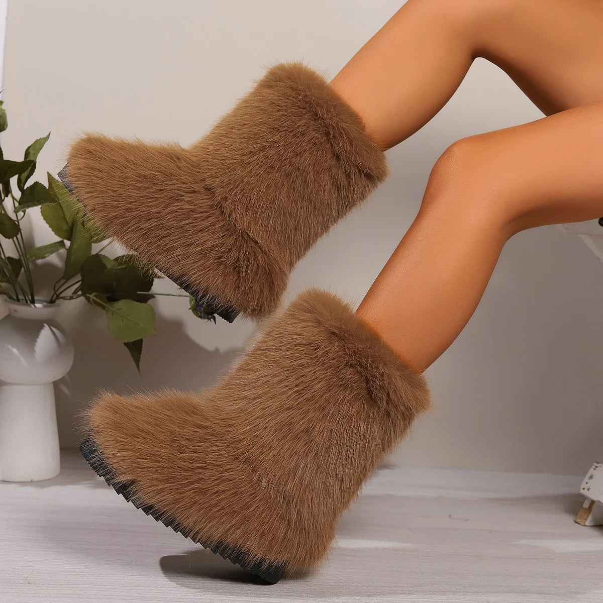 Fuzzy Fluffy Fur Plush Lining Slip-on Rubber Flat Outdoor Bowtie Warm Snow Boot
