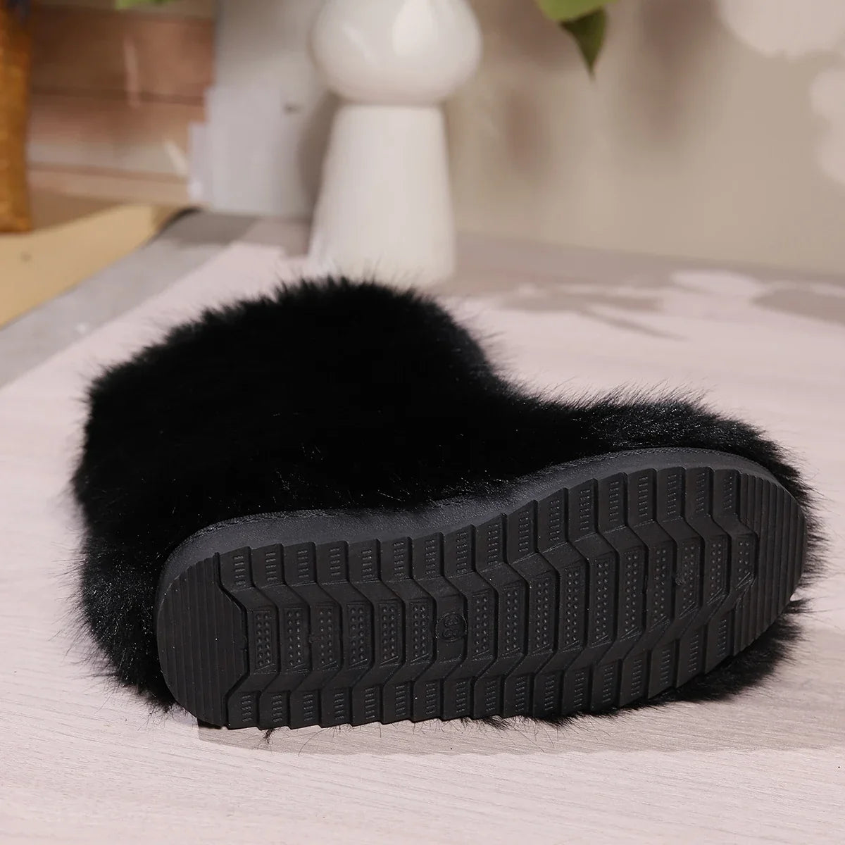 Fuzzy Fluffy Fur Plush Lining Slip-on Rubber Flat Outdoor Bowtie Warm Snow Boot