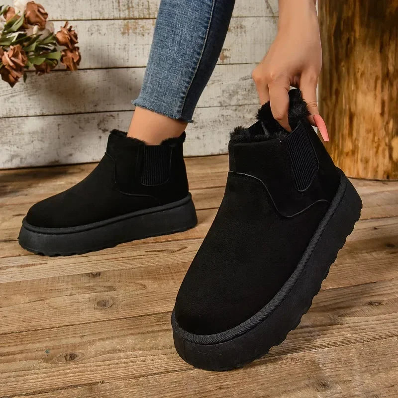 Short Plush Warm Suede Fur Chelsea Ankle Platform Snow Boot