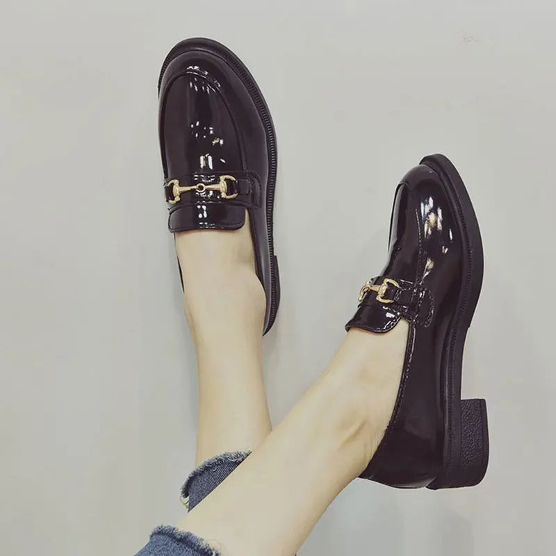 British Style Retro Patent Leather Buckle Solid Hedging Flats Loafers