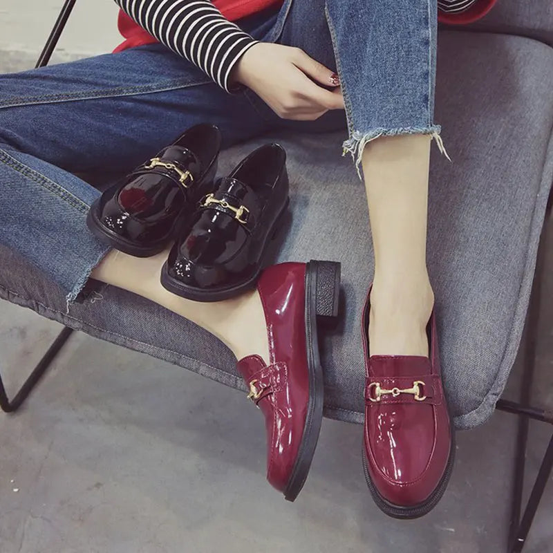 British Style Retro Patent Leather Buckle Solid Hedging Flats Loafers