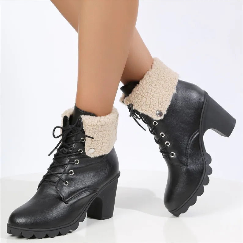 Solid Platform Chunky Heel Lace Up Classic Snow Boot
