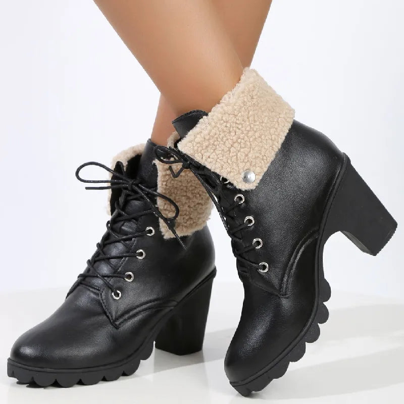 Solid Platform Chunky Heel Lace Up Classic Snow Boot