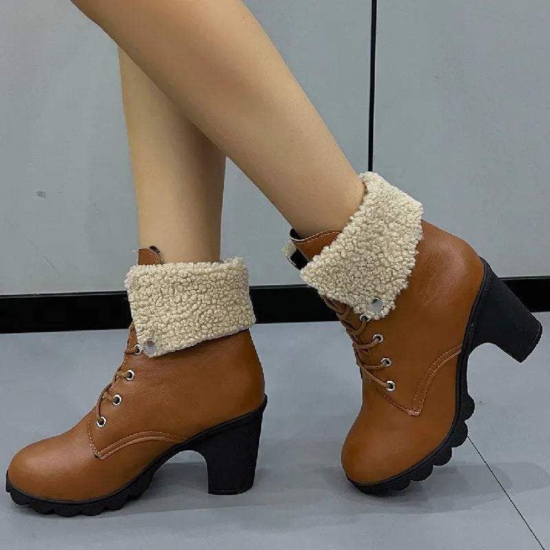 Solid Platform Chunky Heel Lace Up Classic Snow Boot