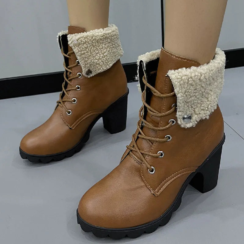 Solid Platform Chunky Heel Lace Up Classic Snow Boot