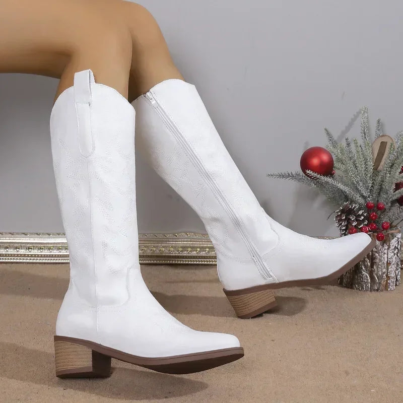 Chelsea Cowboy Zipper Chunky Heels Knee High Boots