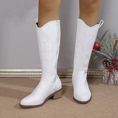 Chelsea Cowboy Zipper Chunky Heels Knee High Boots
