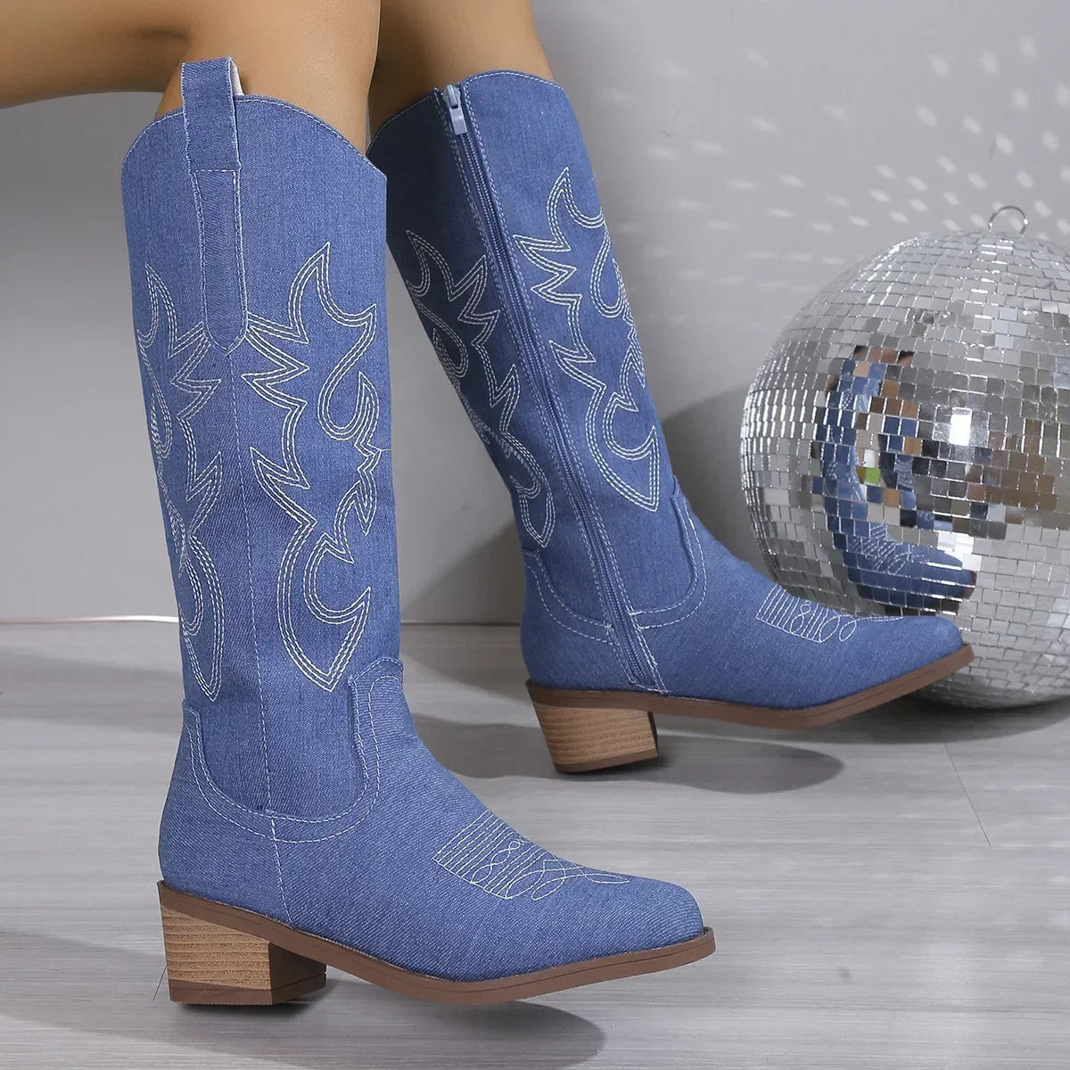 Chelsea Cowboy Zipper Chunky Heels Knee High Boots