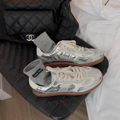 Jogging Casual Flats Metallic Silver Lace Up Tennis Breathable Skateboard