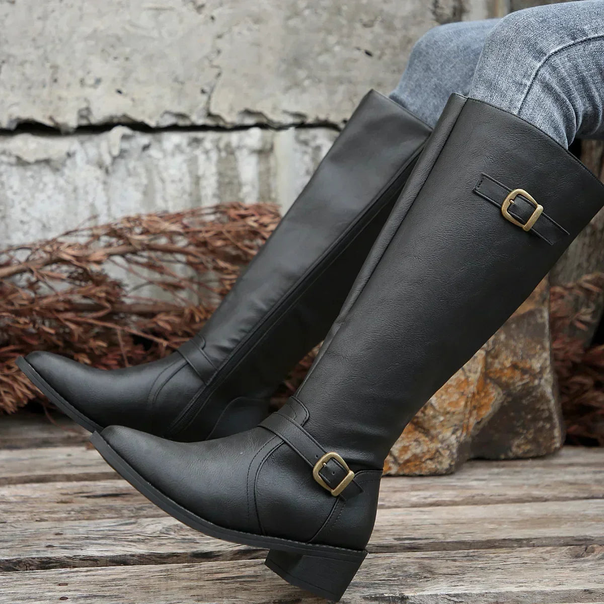 PU Leather Autumn Round Toe Knight Platform Square Heel Knee High Boots