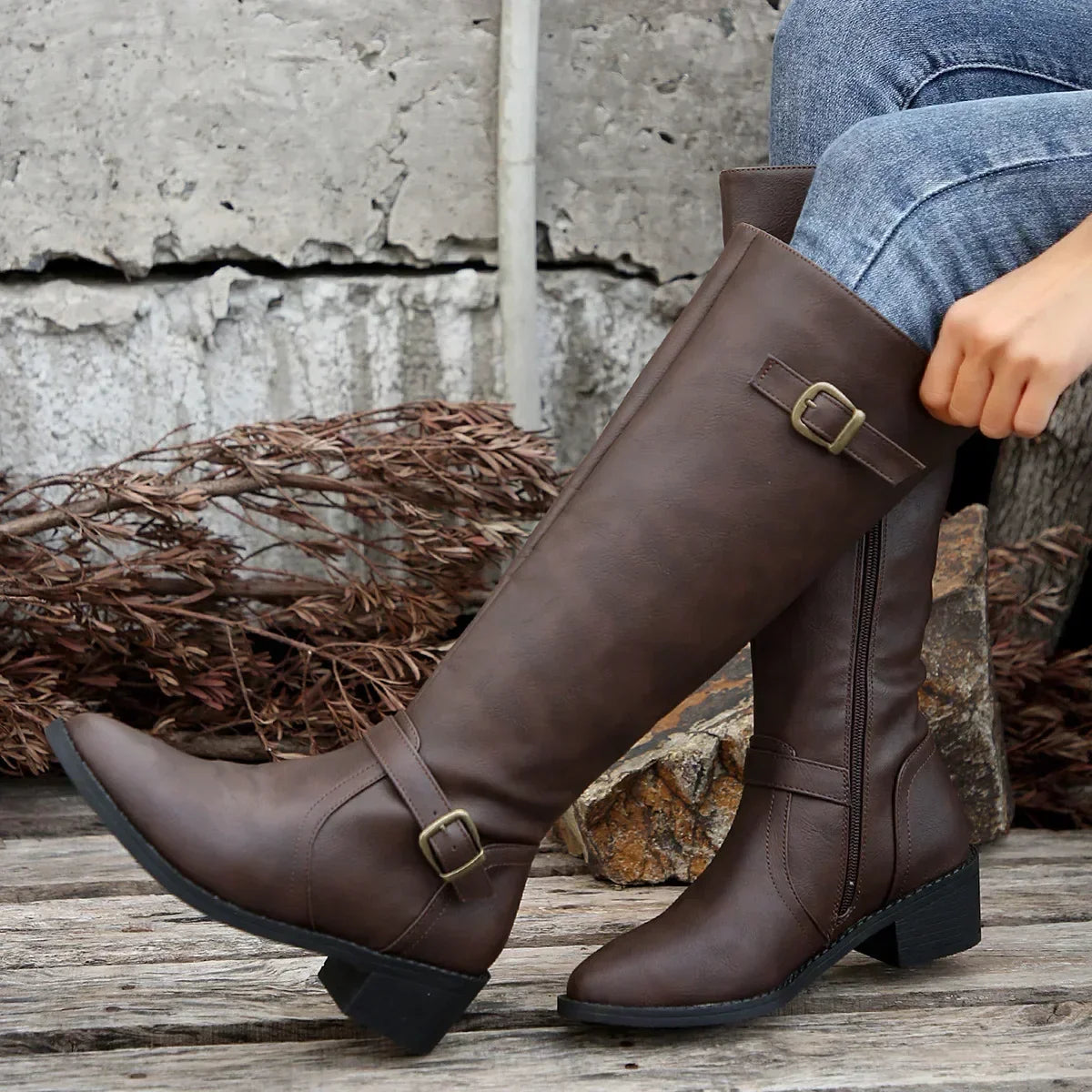 PU Leather Autumn Round Toe Knight Platform Square Heel Knee High Boots