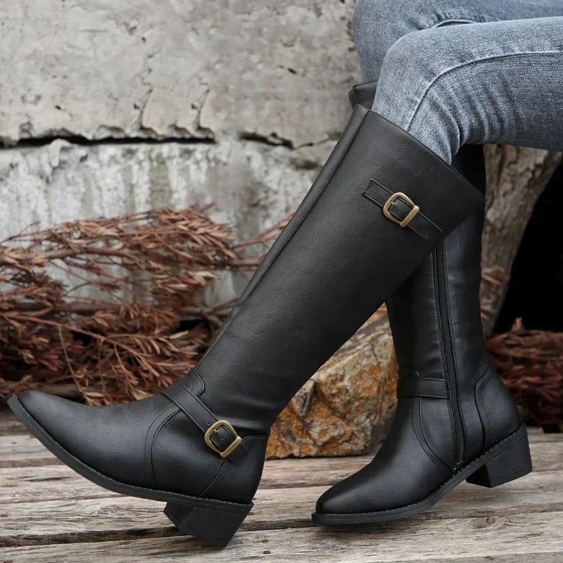 PU Leather Autumn Round Toe Knight Platform Square Heel Knee High Boots