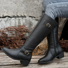 PU Leather Autumn Round Toe Knight Platform Square Heel Knee High Boots