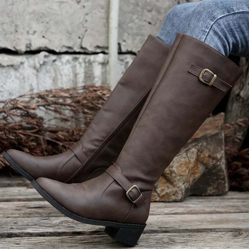 PU Leather Autumn Round Toe Knight Platform Square Heel Knee High Boots