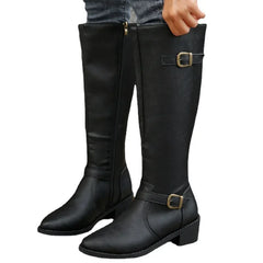 PU Leather Autumn Round Toe Knight Platform Square Heel Knee High Boots