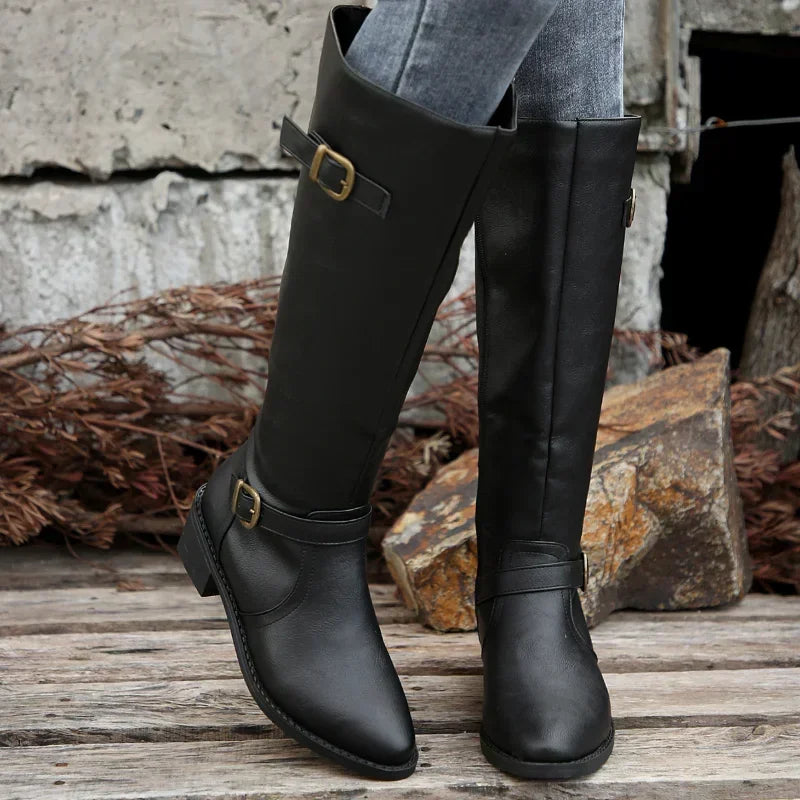 PU Leather Autumn Round Toe Knight Platform Square Heel Knee High Boots