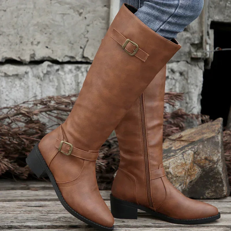 PU Leather Autumn Round Toe Knight Platform Square Heel Knee High Boots