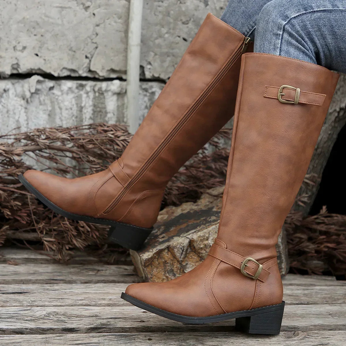 PU Leather Autumn Round Toe Knight Platform Square Heel Knee High Boots