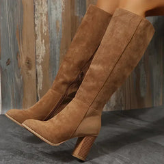Retro Heels Western Cowboy Warm Plush Leather Suede Knee High Boots