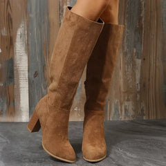 Retro Heels Western Cowboy Warm Plush Leather Suede Knee High Boots