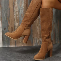 Retro Heels Western Cowboy Warm Plush Leather Suede Knee High Boots