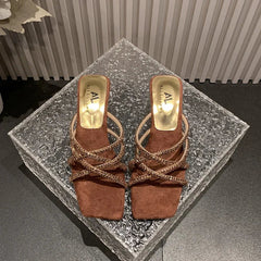 New Rhinestone Ankle Strap High Thick Squares Shoes Low Heel Pumps