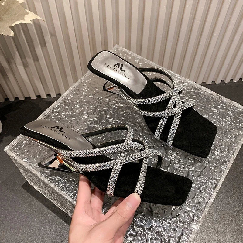 New Rhinestone Ankle Strap High Thick Squares Shoes Low Heel Pumps