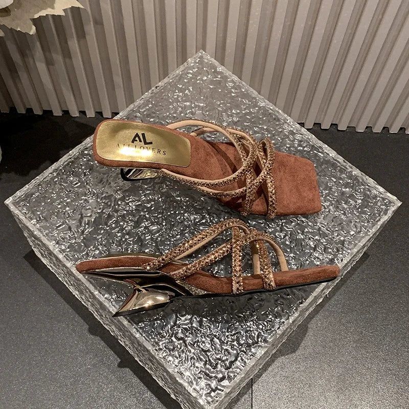 New Rhinestone Ankle Strap High Thick Squares Shoes Low Heel Pumps