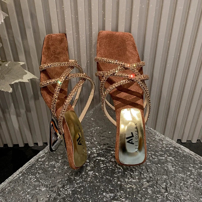 New Rhinestone Ankle Strap High Thick Squares Shoes Low Heel Pumps