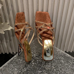 New Rhinestone Ankle Strap High Thick Squares Shoes Low Heel Pumps