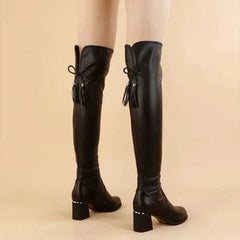 Soft Leather Elastic Short Plush Thick Heels Slip On Knight Knee High Boots