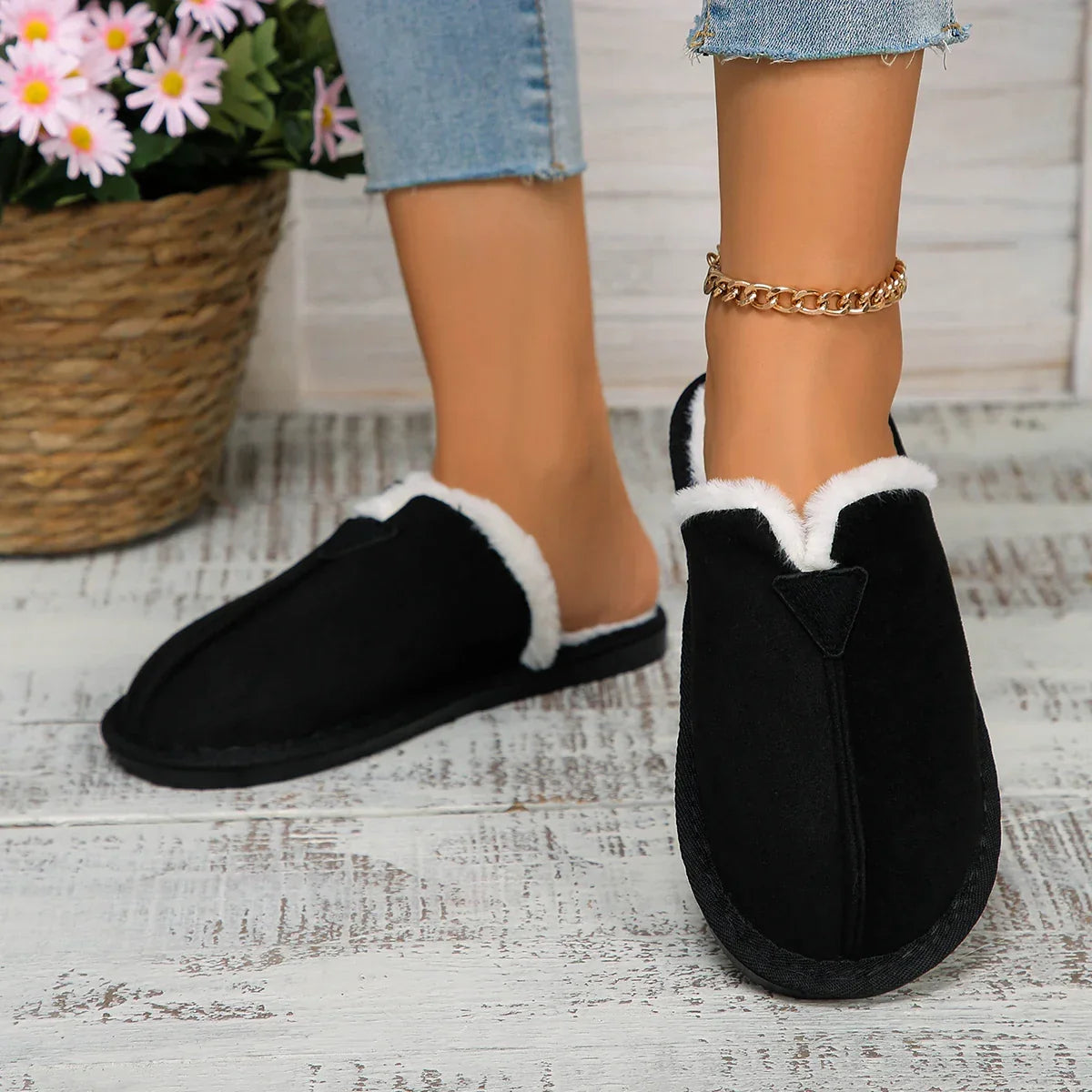 Warm Fur Cotton Slippers Flats Shoe Suede Short Plush Casual Non-Slip Snow Boots